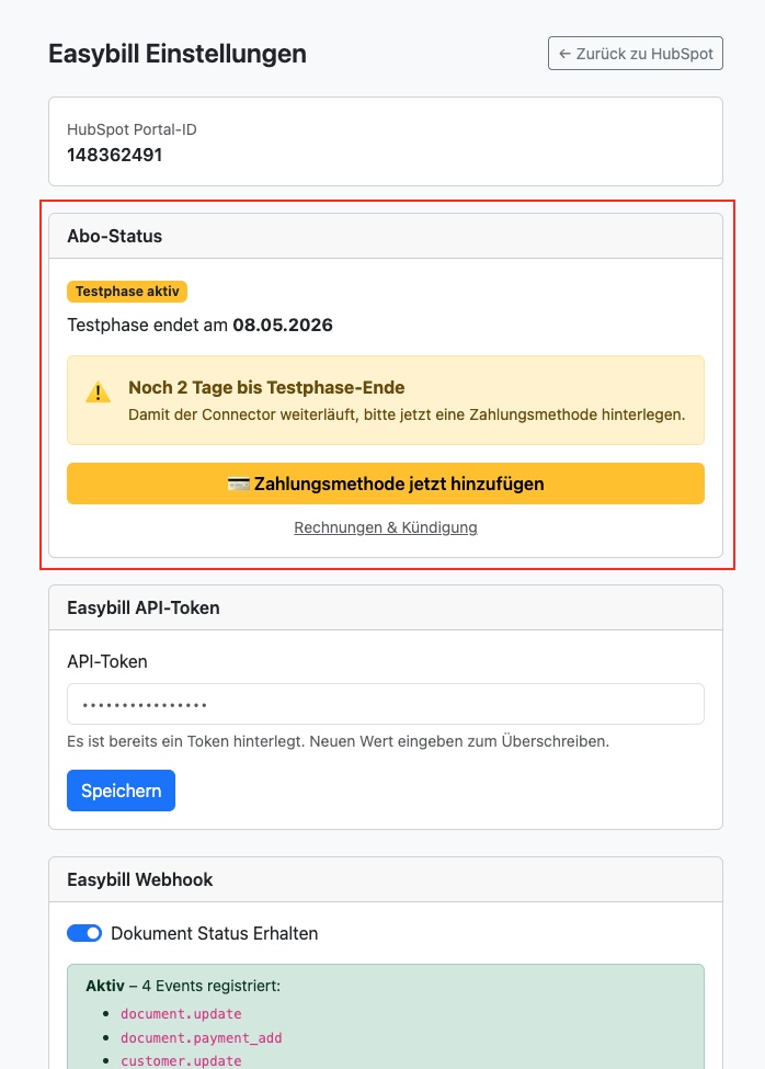 Abo verwalten auf der Easybill-Einstellungsseite